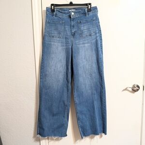OAT New York High Rise Wide Leg Jeans Size 10/30 Blue Raw Hem Patch Pocket